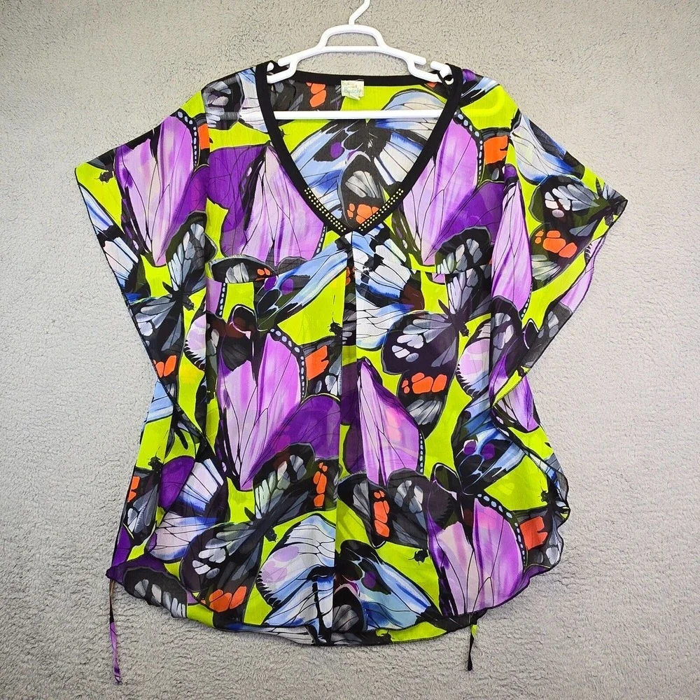 One World Beach Cover Up Women's XL Purple Butterfly Kimono Sheer V-Neck Overlay